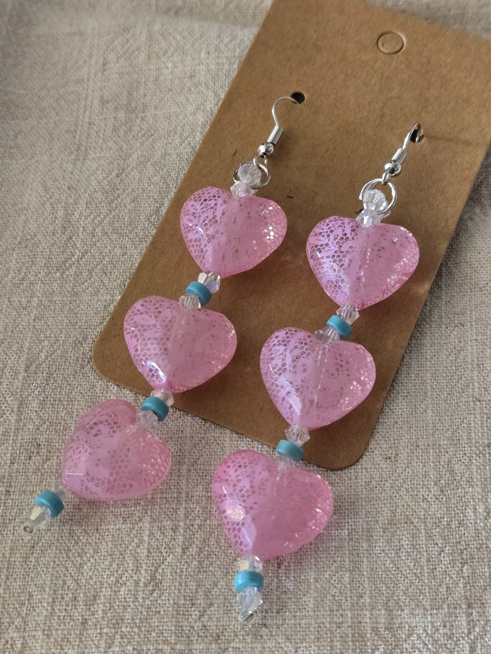 Pink Heart Drop Dangle Earrings with Turquoise Accent